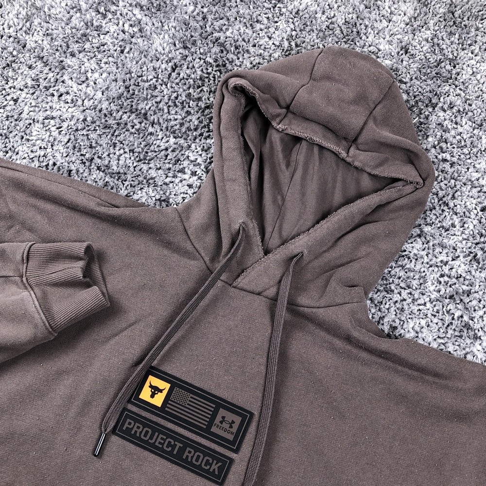 Under Armour Project Rock Hoodie Mens Large Brown Fleece Pullover USA‎ Flag